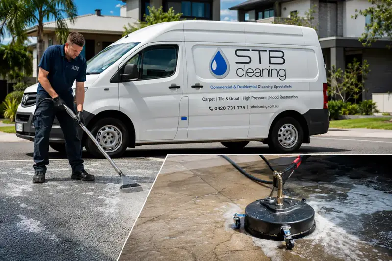 STB Cleaning van with a technician pressure cleaning a driveway